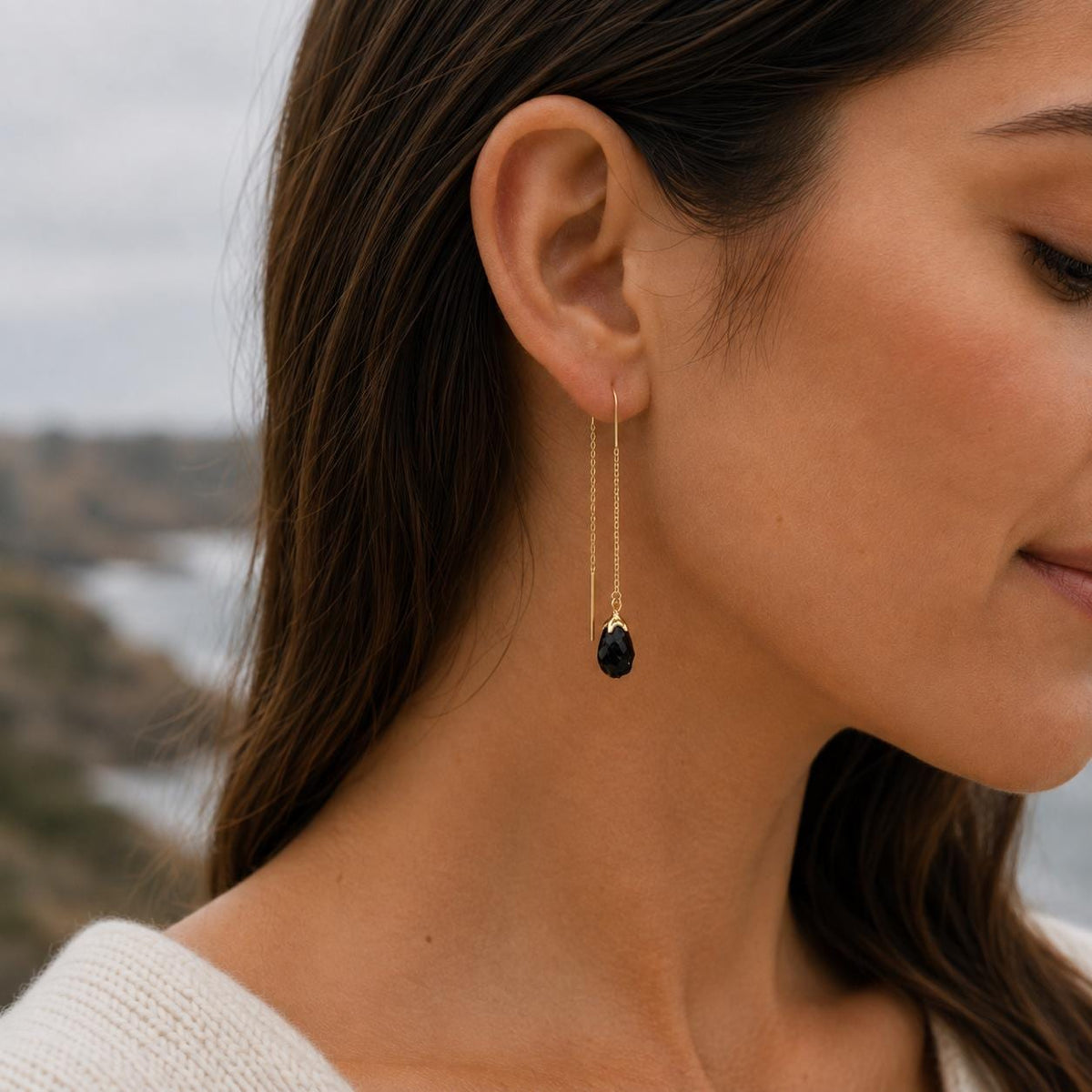 Raw Black Onyx Threader Earrings | Natural Black Gemstone | Gold or Silver Threader Earrings | Dainty Crystal Jewelry | Gift for Her