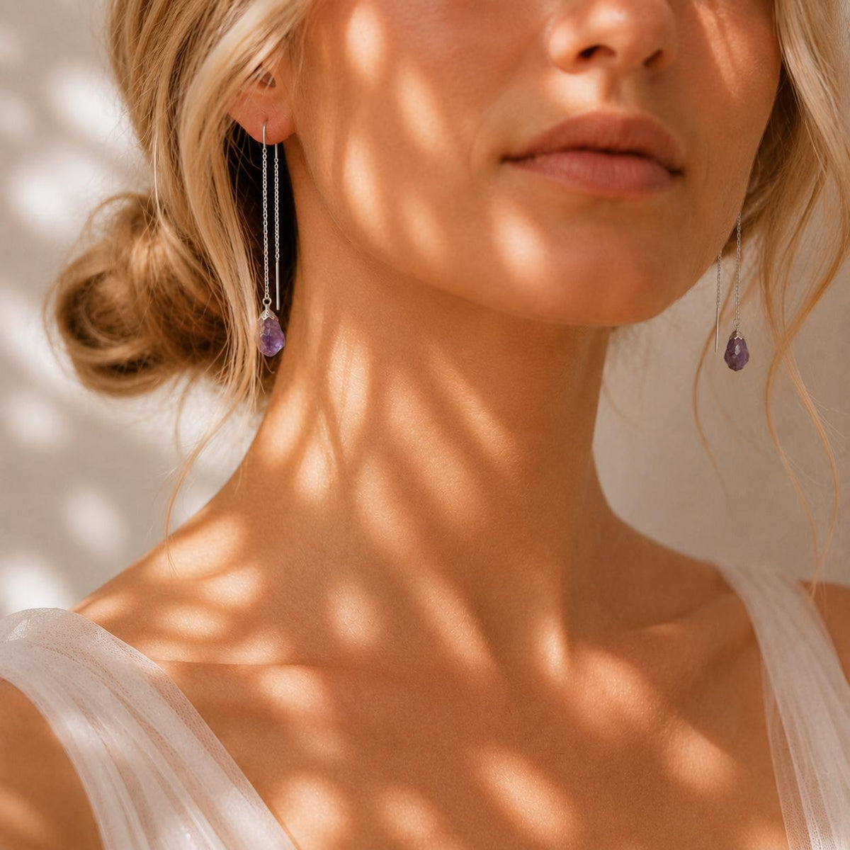 Raw Amethyst Threader Earrings | Natural Amethyst Gemstone | Gold or Silver | February Birthstone Jewelry | Dainty Purple Crystal Earrings