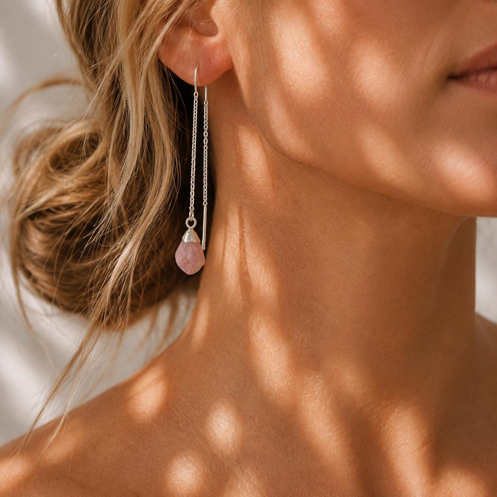Raw Pink Opal Threader Earrings | Natural Pink Gemstone Earrings | October Birthstone Threaders | Dainty Crystal Dangle Earrings