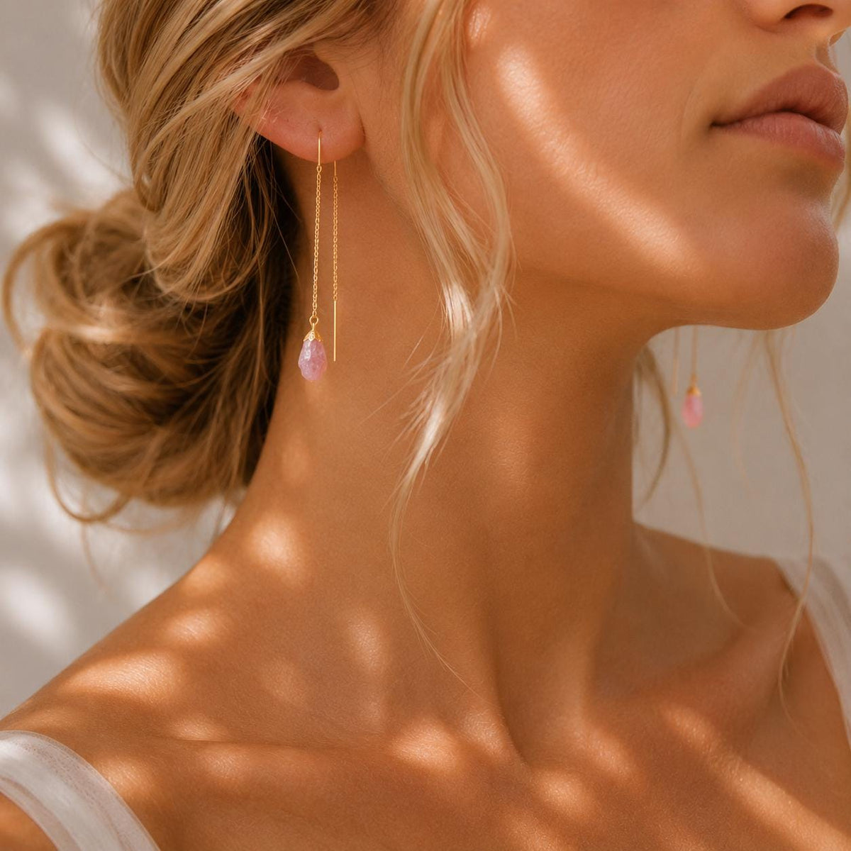 Raw Pink Opal Threader Earrings | Natural Pink Gemstone Earrings | October Birthstone Threaders | Dainty Crystal Dangle Earrings