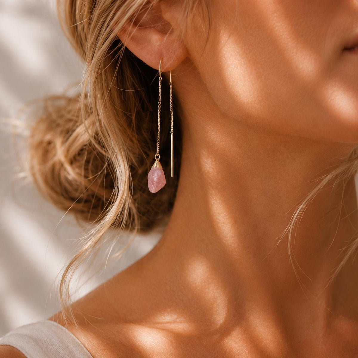 Raw Pink Opal Threader Earrings | Natural Pink Gemstone Earrings | October Birthstone Threaders | Dainty Crystal Dangle Earrings