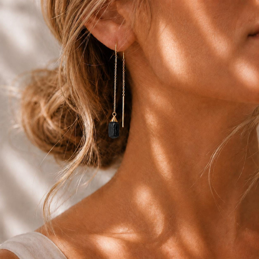 Raw Black Tourmaline Threader Earrings | Natural Black Gemstone Dangle Earrings | Protection Jewelry