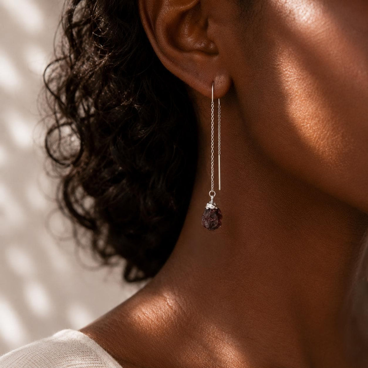 Raw Garnet Threader Earrings | January Birthstone Earrings | Natural Garnet Jewelry | Red Gemstone Dangle Earrings