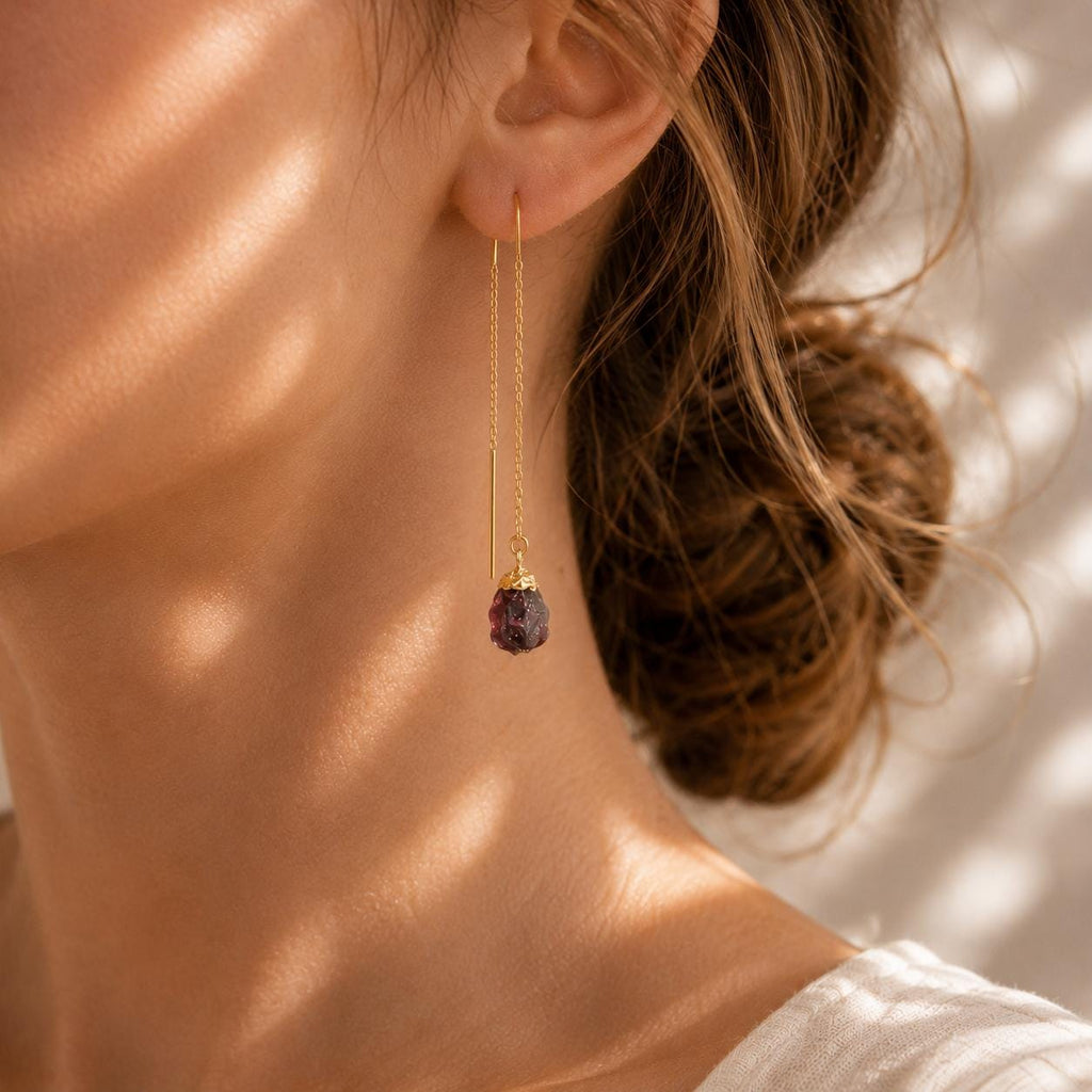 Raw Garnet Threader Earrings | January Birthstone Earrings | Natural Garnet Jewelry | Red Gemstone Dangle Earrings