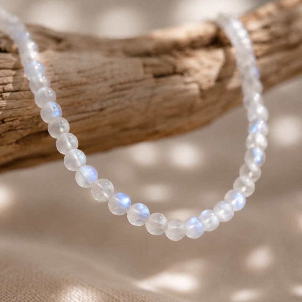 Moonstone Beaded Necklace – 3mm Gemstone Necklace – Dainty Gold Minimalist Necklace – June Birthstone Jewelry – Layering Necklace