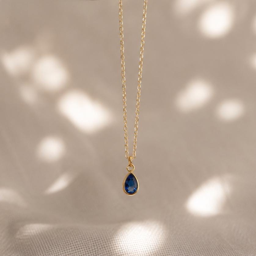 Sapphire Teardrop Necklace | Dainty September Birthstone | Minimalist Blue Gemstone Jewelry