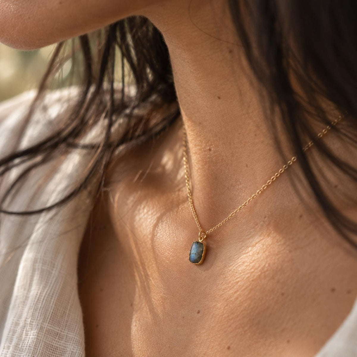 Natural Labradorite Pendant Necklace | Blue Flash Gemstone, Gold Edge (September Birthstone)