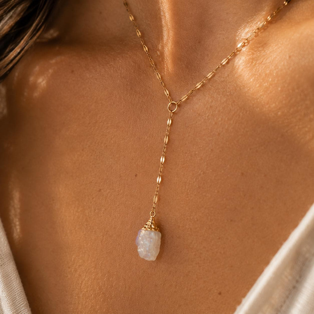 Raw Moonstone Lariat Necklace | Gold or Silver Y Necklace | June Birthstone Jewelry | Gemstone Drop Necklace | Dainty Moonstone Necklace
