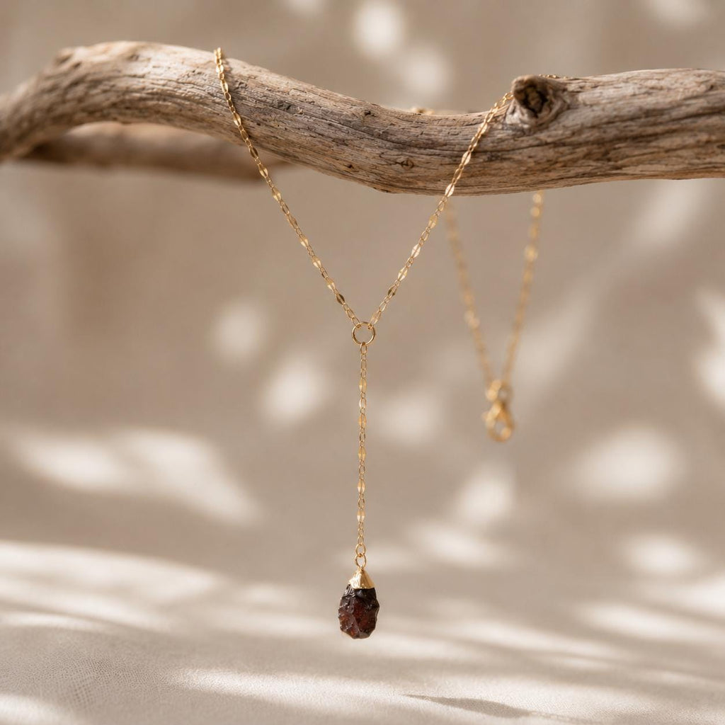 Raw Garnet Lariat Necklace | Gold or Silver Y Necklace | January Birthstone Jewelry | Red Gemstone Drop Necklace | Dainty Garnet Necklace