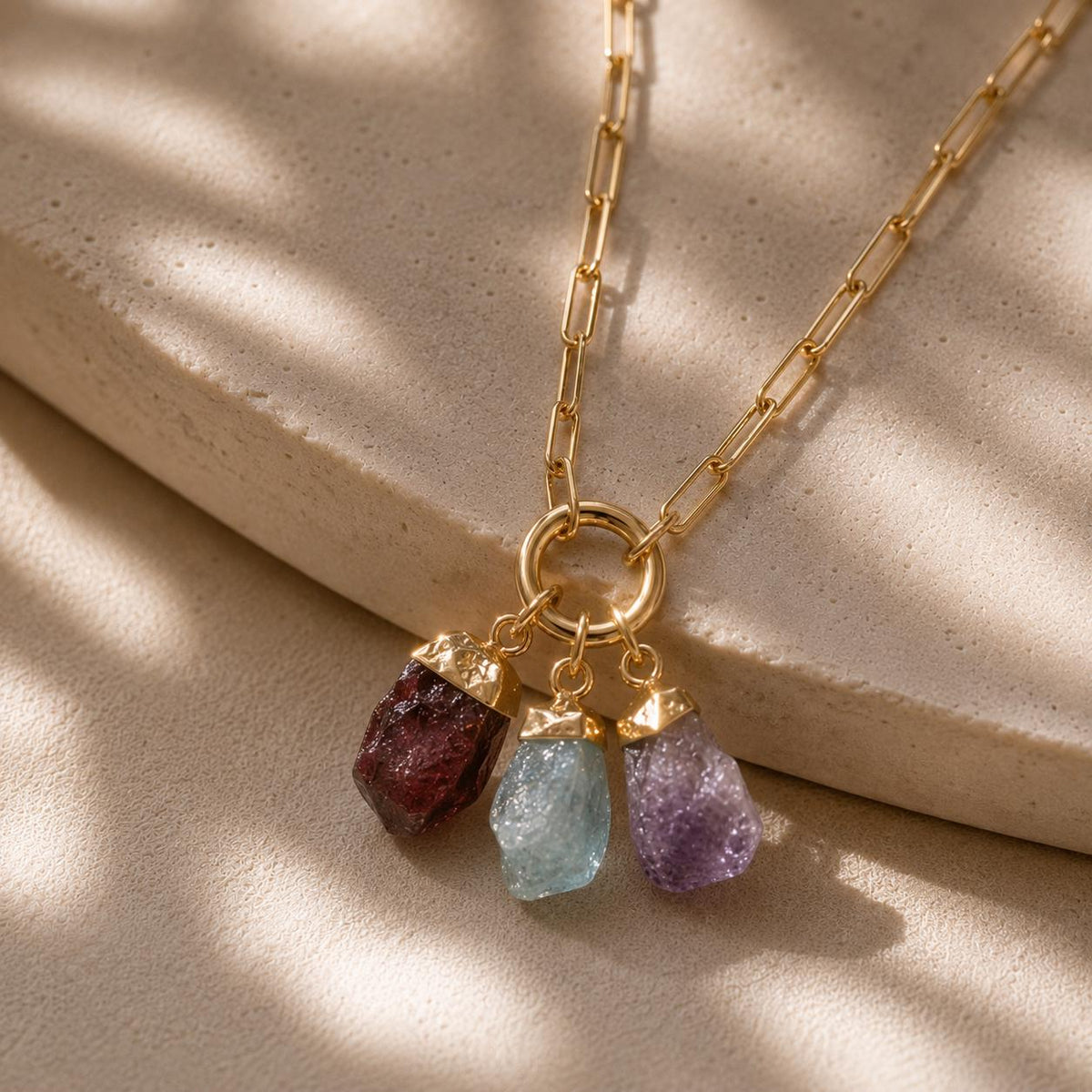 Personalized Raw Gemstone Charm Keeper Necklace | Choose 1–3 Birthstones | Family Birthstone Necklace | Custom Gemstone Jewelry