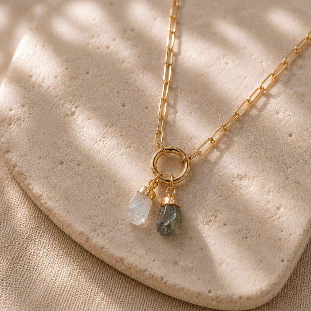 Personalized Raw Gemstone Charm Keeper Necklace | Choose 1–3 Birthstones | Family Birthstone Necklace | Custom Gemstone Jewelry