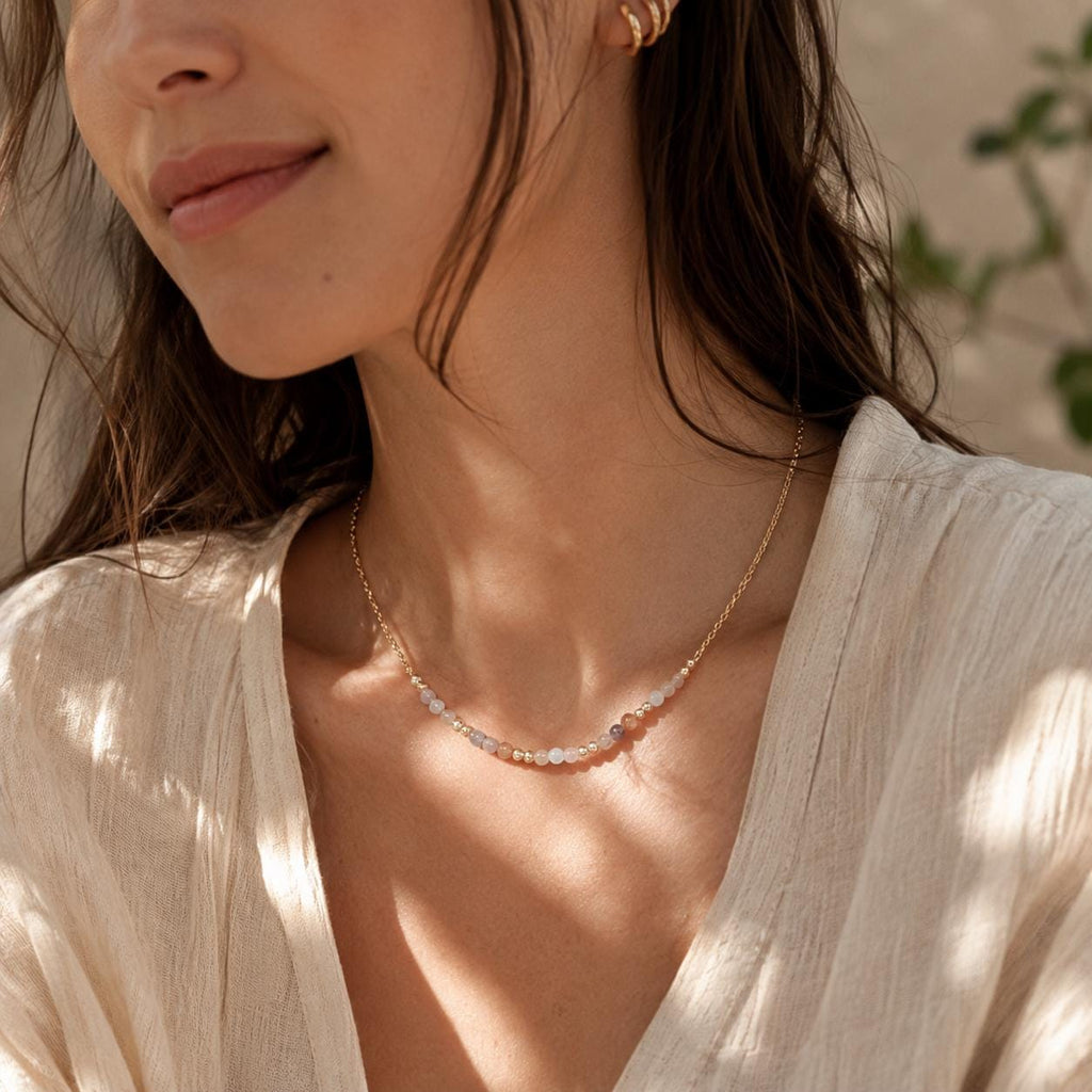 Natural Moonstone Necklace | Peach Moonstone Beaded Necklace | Dainty Gemstone Necklace | June Birthstone Jewelry | Gold Moonstone Necklace