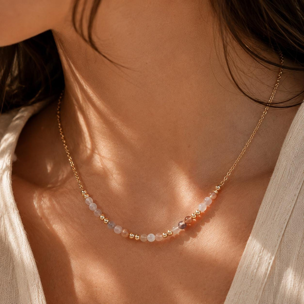 Natural Moonstone Necklace | Peach Moonstone Beaded Necklace | Dainty Gemstone Necklace | June Birthstone Jewelry | Gold Moonstone Necklace