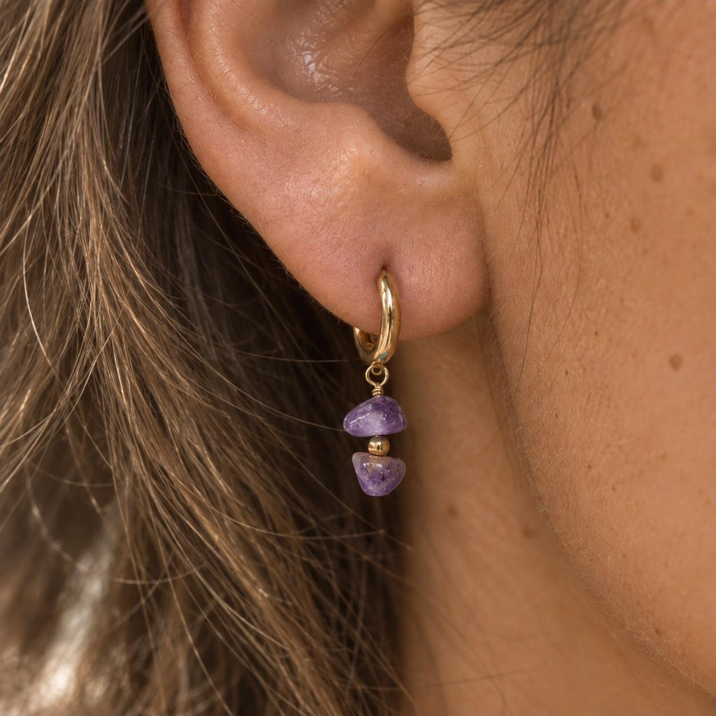 Amethyst Huggie Earrings | Natural Gemstone Gold Hoops | Dainty Purple Gemstone Earrings | February Birthstone Jewelry