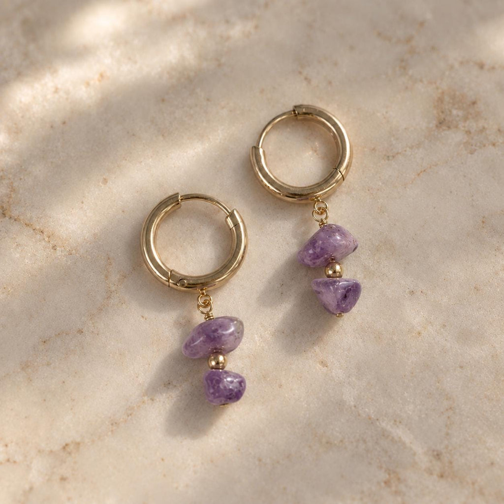Amethyst Huggie Earrings | Natural Gemstone Gold Hoops | Dainty Purple Gemstone Earrings | February Birthstone Jewelry