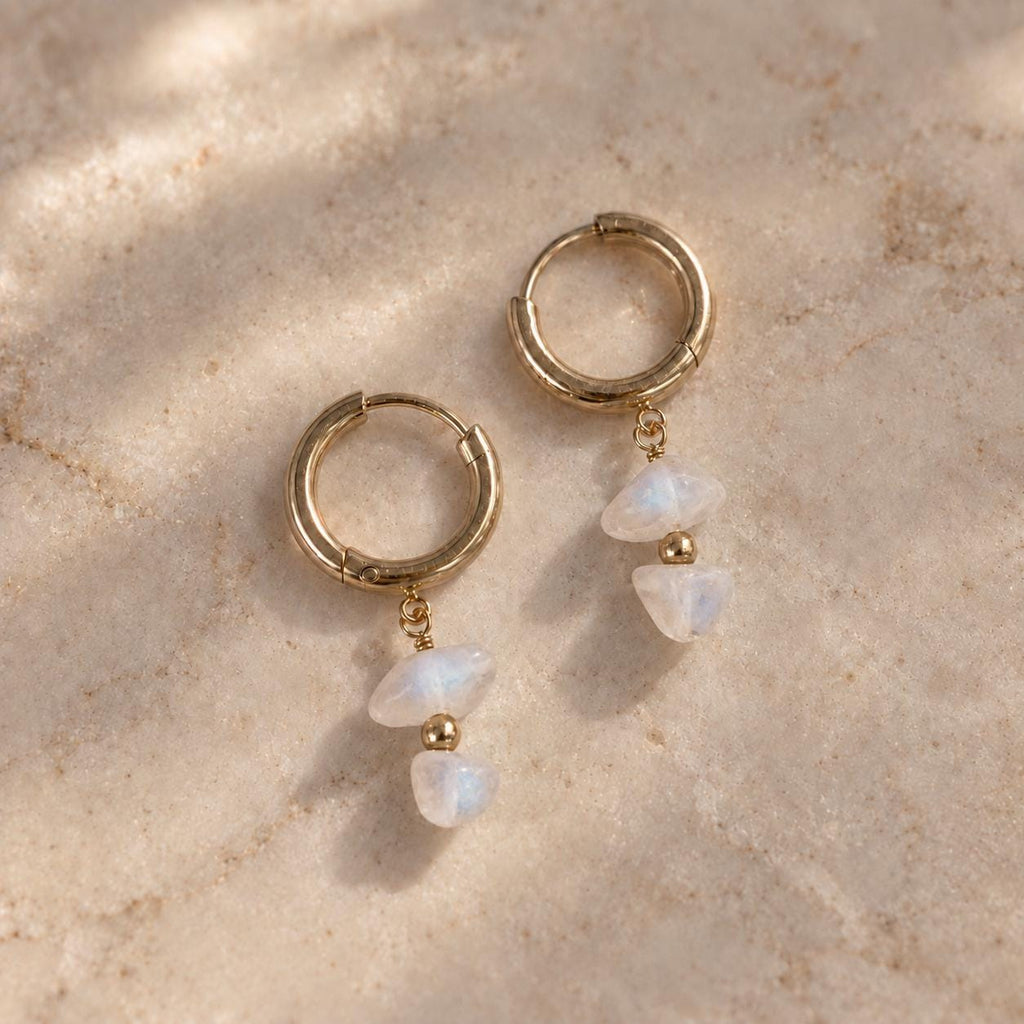 Moonstone Huggie Earrings | Natural Gemstone Gold Hoops | Dainty Moonstone Earrings | June Birthstone Jewelry
