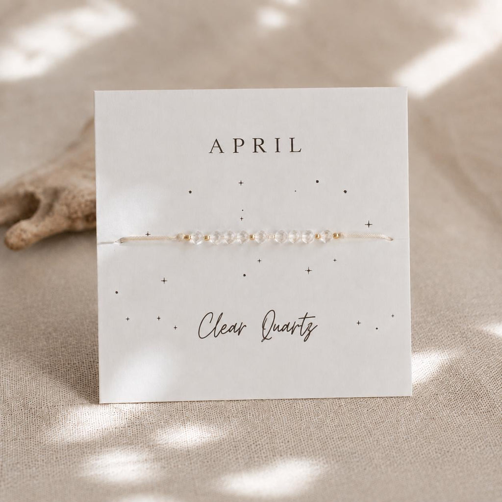 April Birthstone Wish Bracelet | Clear Quartz Gemstone, Gold Beads (Adjustable Cord)