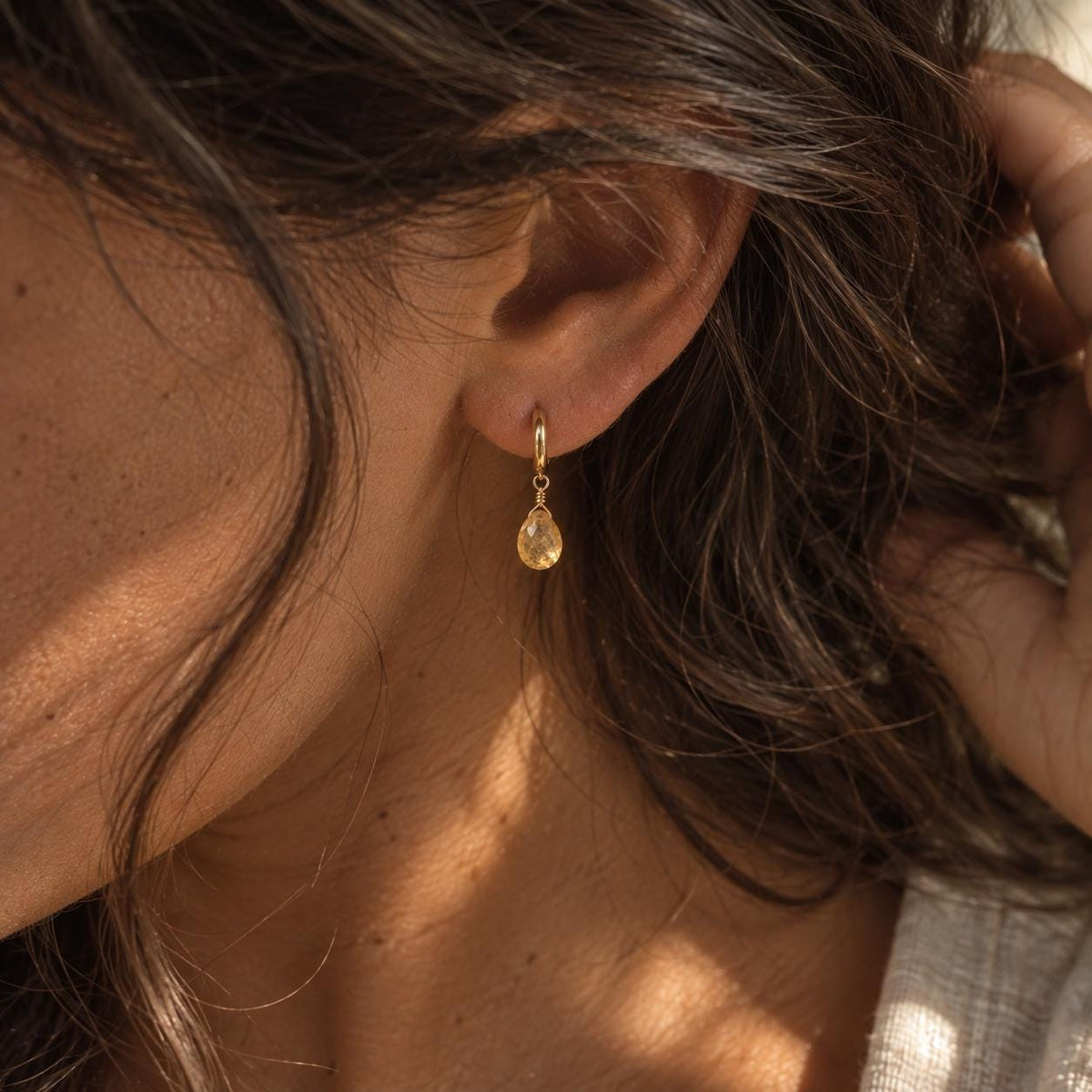 Citrine Teardrop Huggie Earrings | Natural Gemstone Gold Hoops | Dainty Citrine Drop Earrings | November Birthstone Jewelry