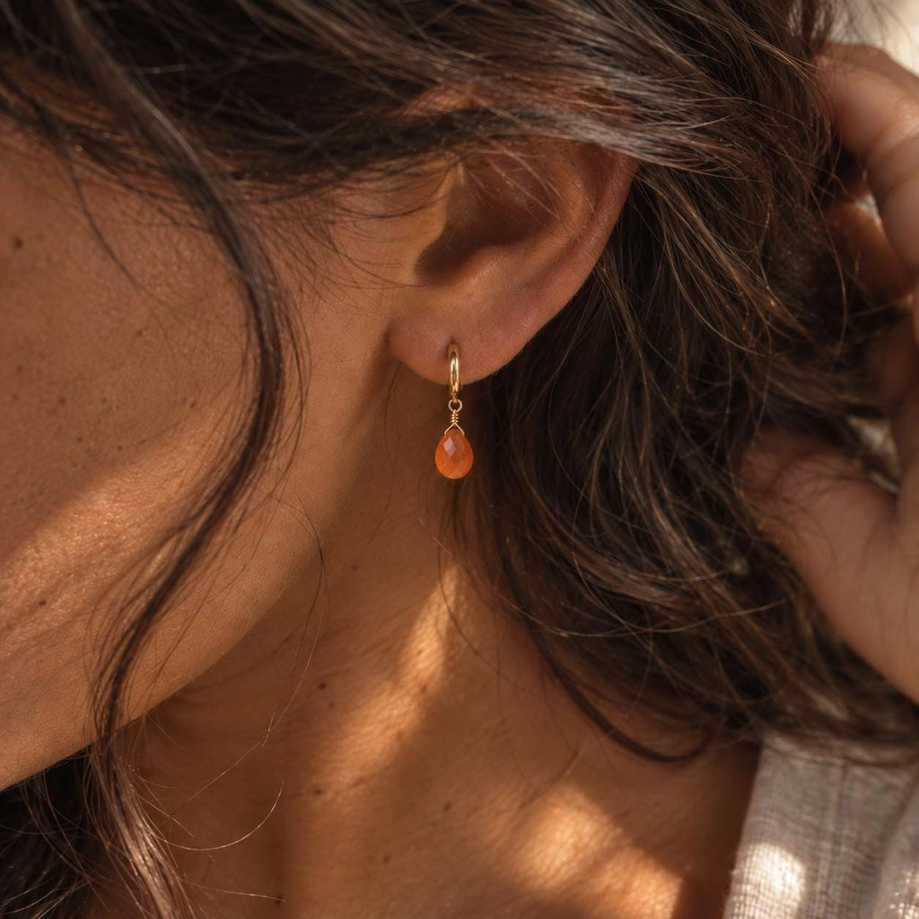 Carnelian Huggie Earrings | Orange Gemstone Gold Hoops | Dainty Carnelian Drop Earrings | Natural Gemstone Jewelry