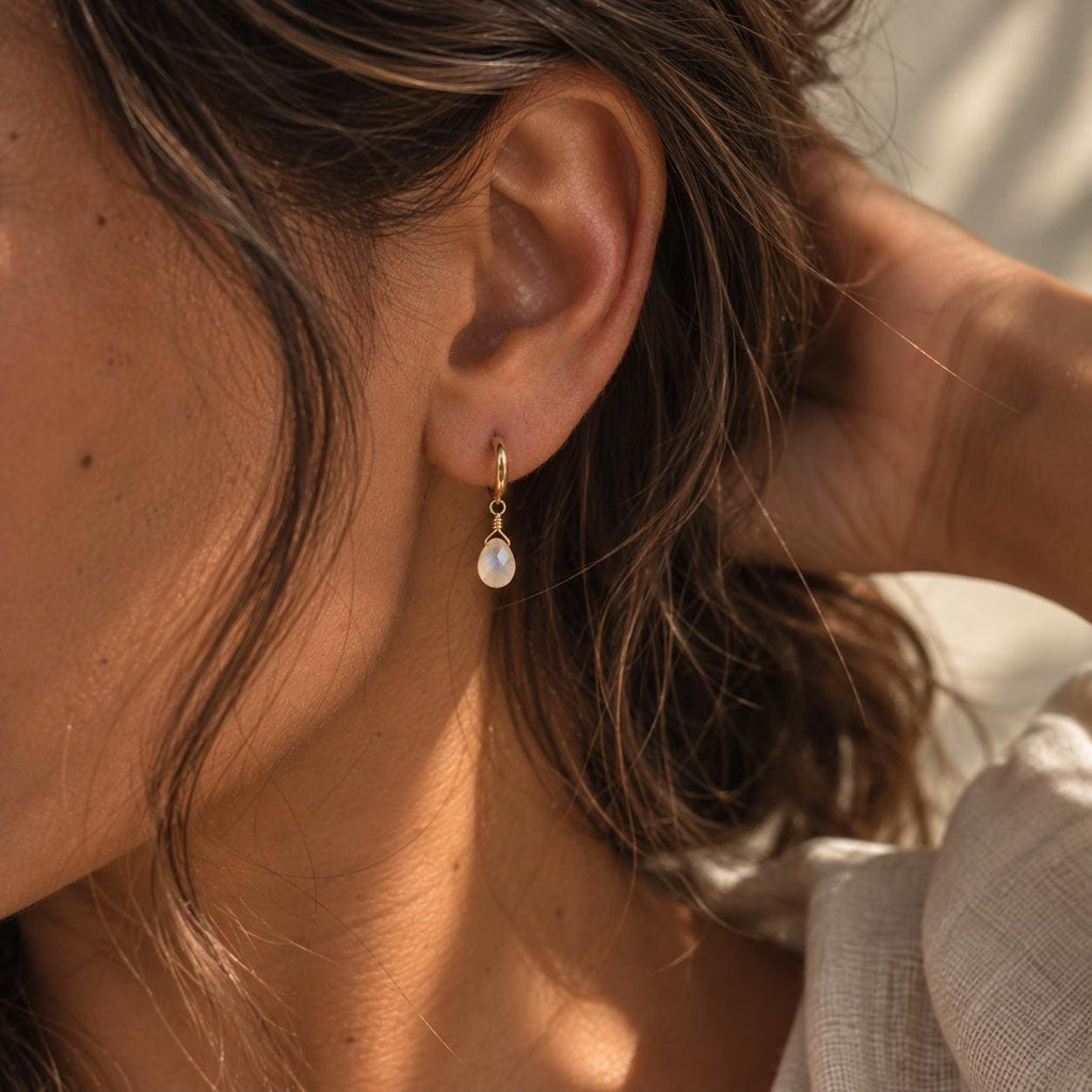 Moonstone Teardrop Huggie Earrings | Natural Gemstone Gold Hoops | Dainty Moonstone Drop Earrings | June Birthstone Jewelry