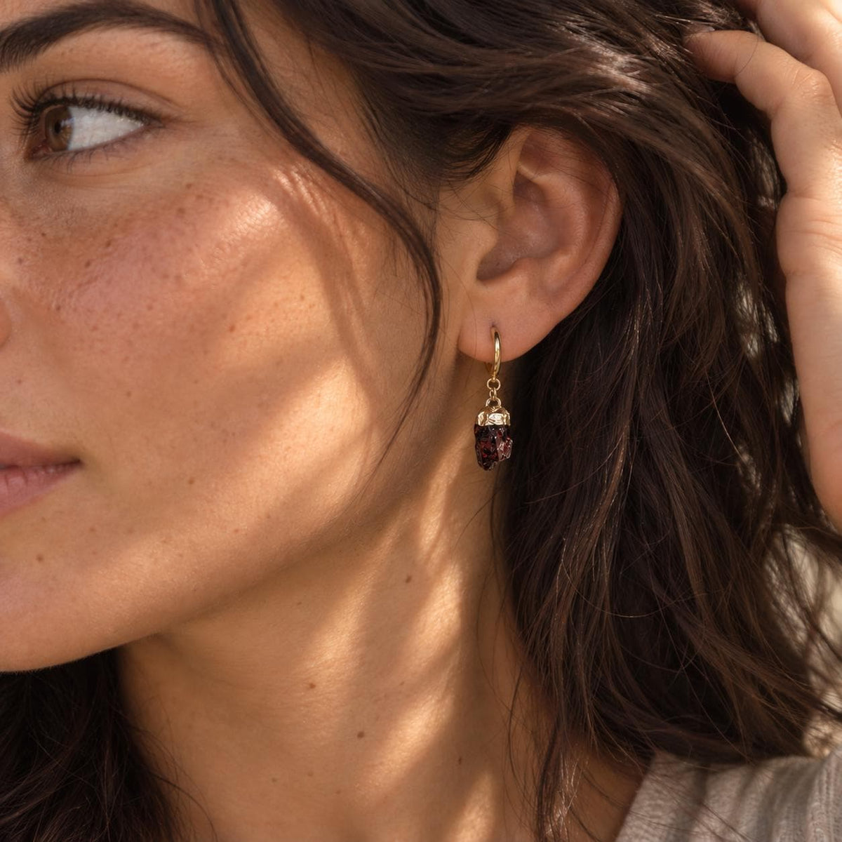 Raw Garnet Huggie Hoop Earrings | January Birthstone Jewelry | Dainty Red Gemstone Hoops