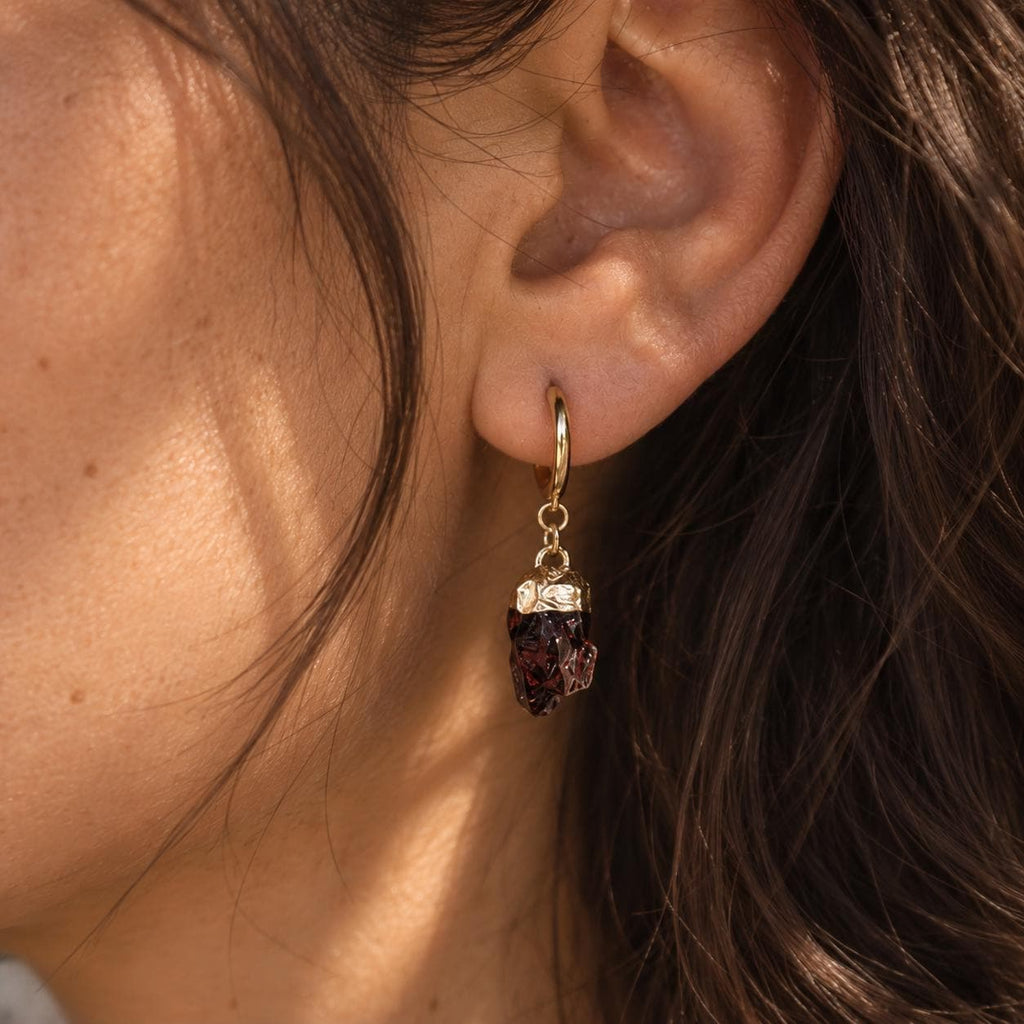 Raw Garnet Huggie Hoop Earrings | January Birthstone Jewelry | Dainty Red Gemstone Hoops