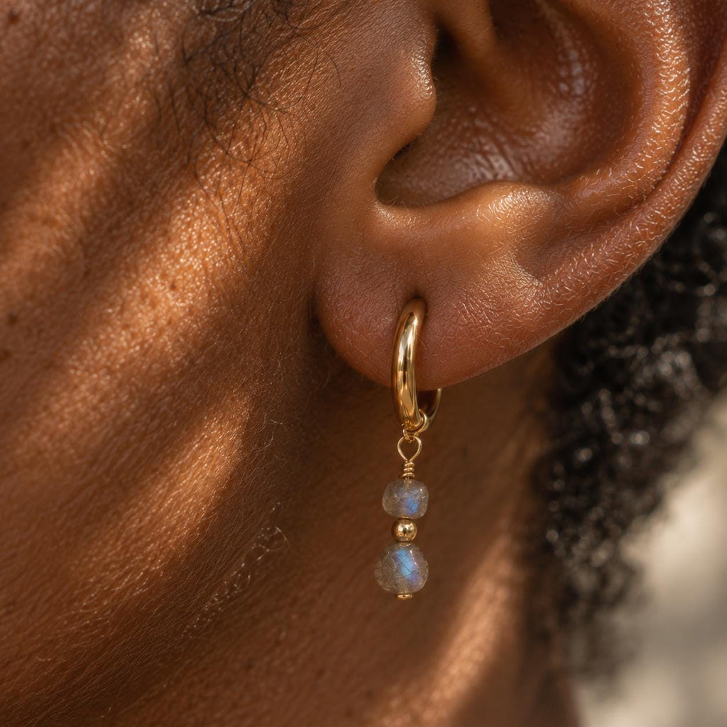 Labradorite Huggie Earrings | Dainty Gemstone Earrings | Gold Huggie Hoops | Labradorite Earrings | Tiny Gemstone Drops