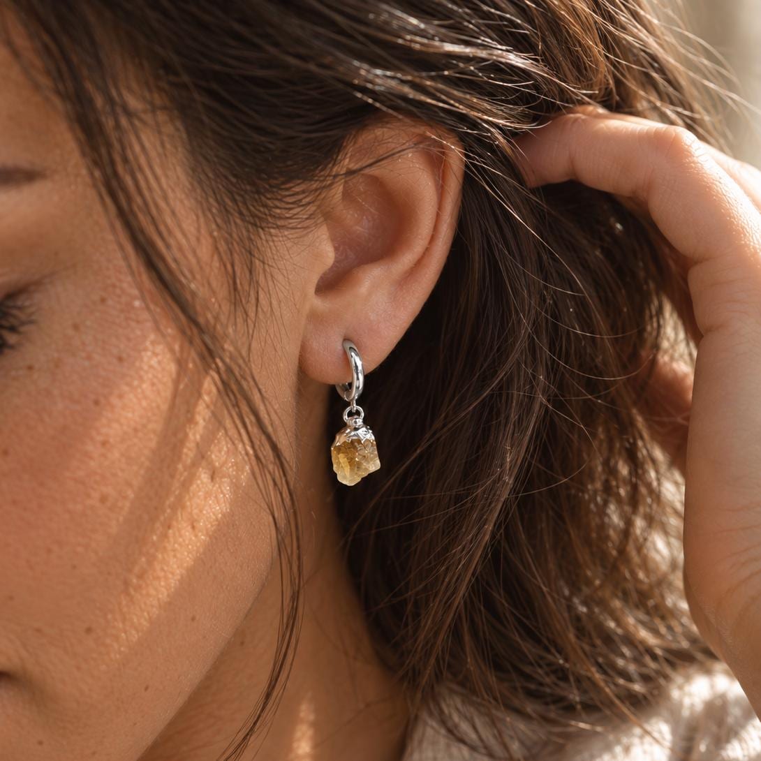 Raw Citrine Huggie Earrings | November Birthstone Earrings | Gold or Silver Huggie Hoops | Dainty Citrine Gemstone Earrings