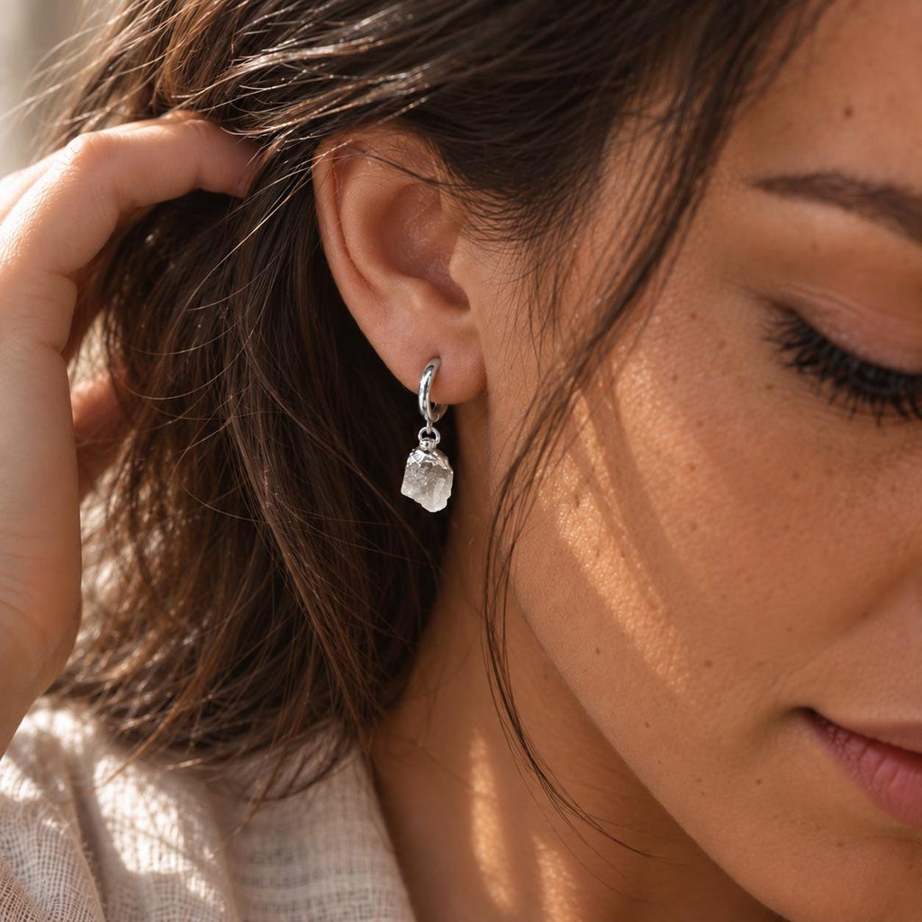 Raw Clear Quartz Huggie Hoop Earrings | April Birthstone Jewelry | Dainty Gold Gemstone Hoops