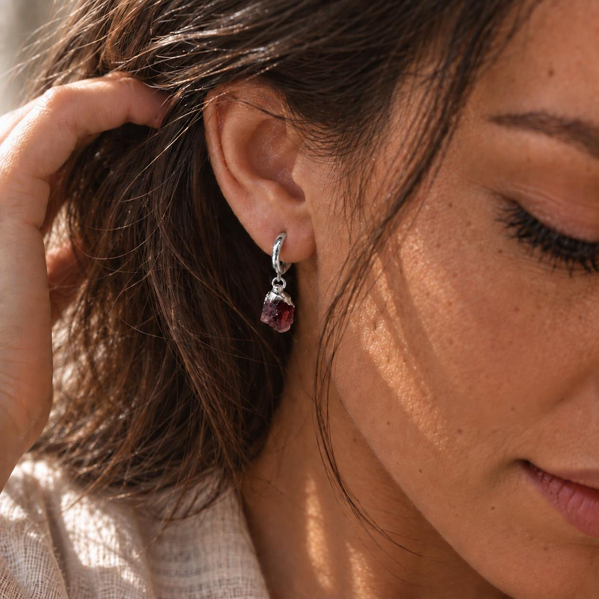 Raw Garnet Huggie Hoop Earrings | January Birthstone Jewelry | Dainty Red Gemstone Hoops