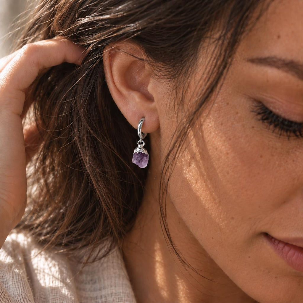 Raw Amethyst Huggie Hoop Earrings | Dainty Purple Gemstone Jewelry | February Birthstone Jewelry
