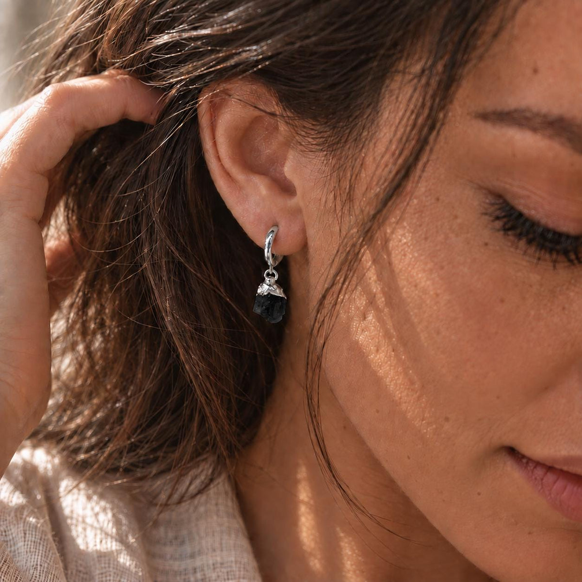 Natural Obsidian Huggie Hoop Earrings | Dainty Black Gemstone Jewelry