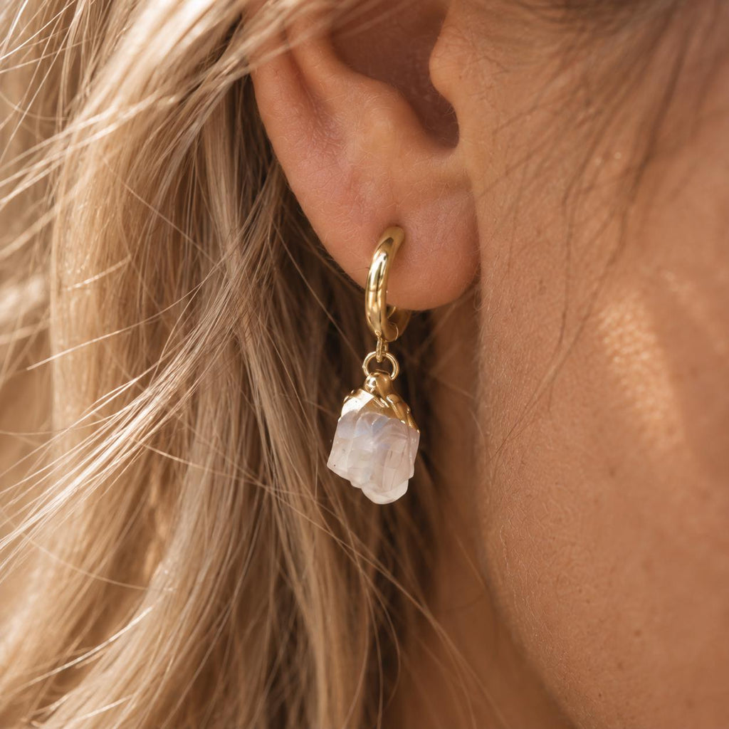 Raw Moonstone Huggie Earrings | June Birthstone Earrings | Gold or Silver Huggie Hoops | Moonstone Earrings | Dainty Gemstone Earrings