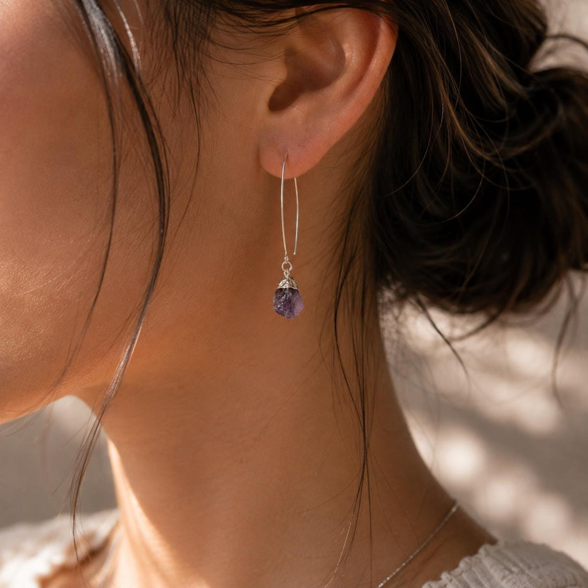 Raw Amethyst Earrings | February Birthstone Jewelry | Natural Purple Gemstone Drop Earrings