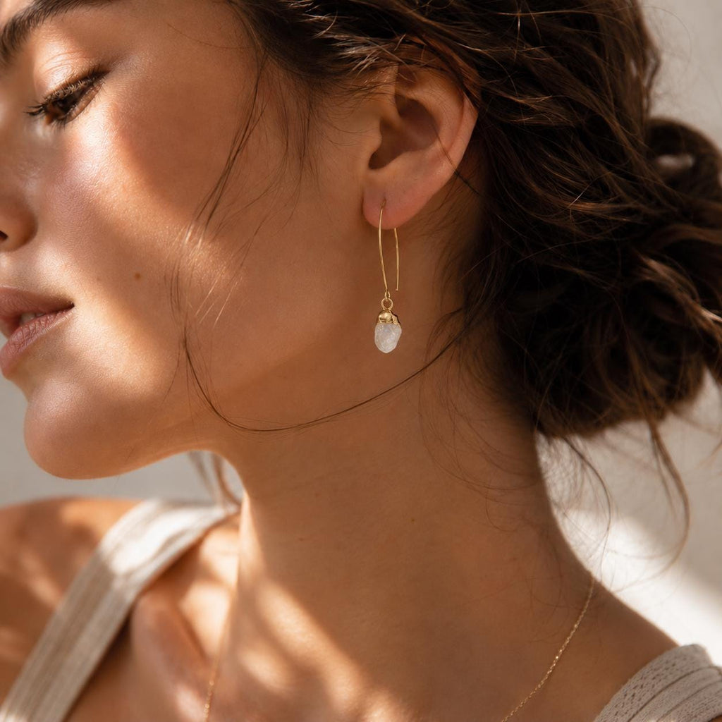 Raw Moonstone Earrings | June Birthstone Jewelry | Natural White Gemstone Drop Earrings