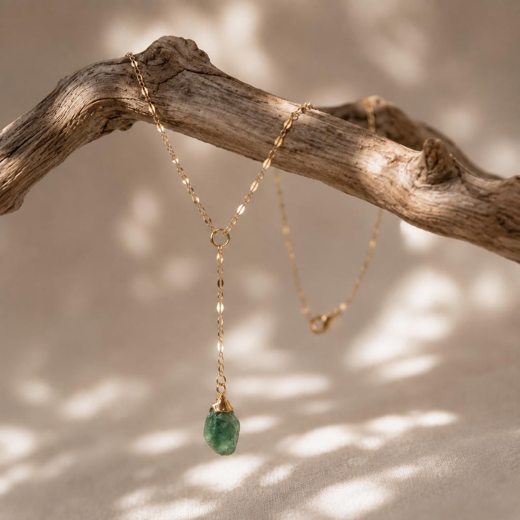 Raw Emerald Lariat Necklace | Gold or Silver Y Necklace | May Birthstone Jewelry | Green Gemstone Drop Necklace