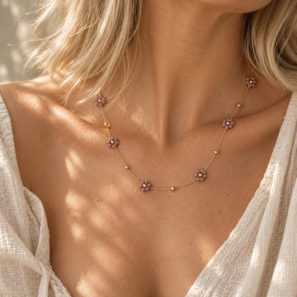 Dainty Flower Necklace | Gold Floral Beaded Necklace | Colorful Flower Jewelry | Delicate Layering Necklace | Flower Girl Necklace