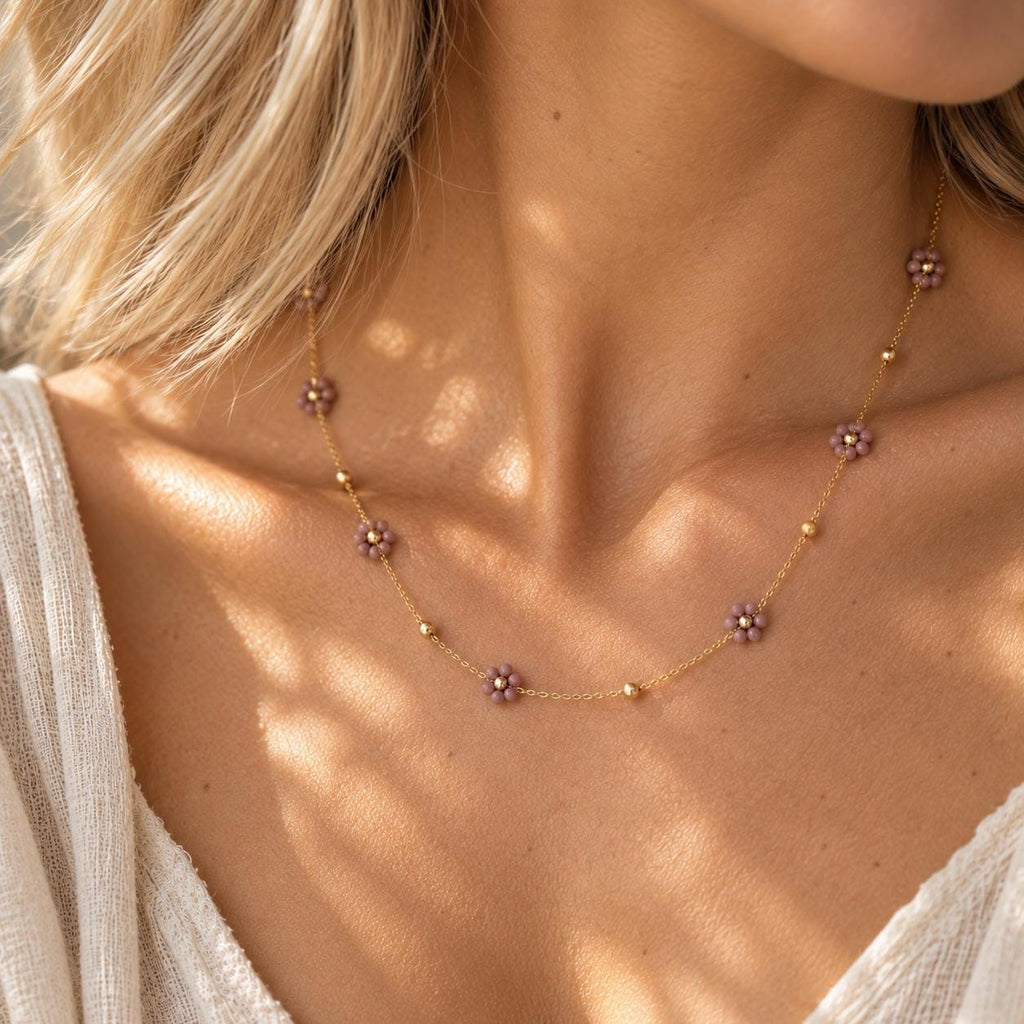 Dainty Flower Necklace | Gold Floral Beaded Necklace | Colorful Flower Jewelry | Delicate Layering Necklace | Flower Girl Necklace