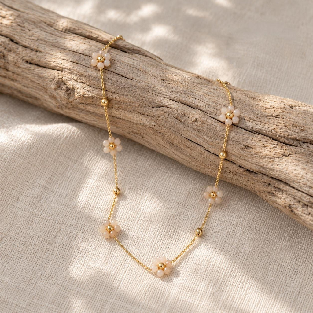 Dainty Flower Necklace | Gold Floral Beaded Necklace | Colorful Flower Jewelry | Delicate Layering Necklace | Flower Girl Necklace