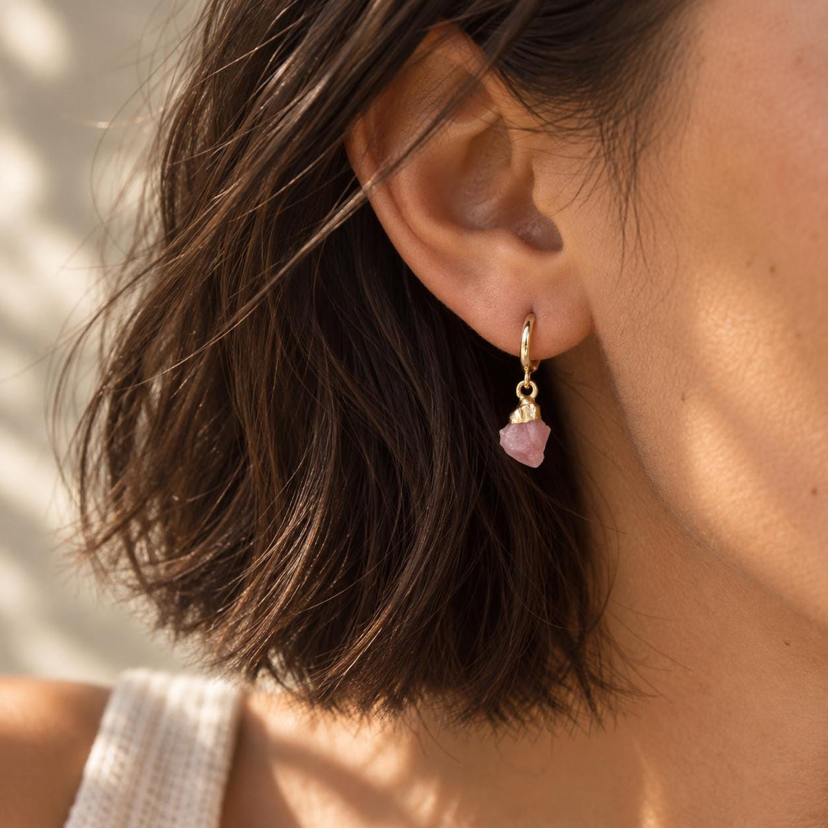 Raw Pink Opal Huggie Hoop Earrings | Dainty Pink Gemstone | March Birthstone Jewelry | Gift for Her
