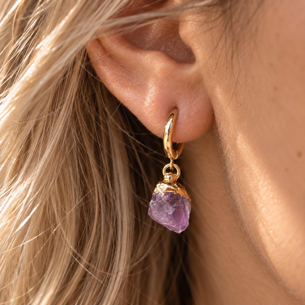 Raw Amethyst Huggie Hoop Earrings | Dainty Purple Gemstone Jewelry | February Birthstone Jewelry
