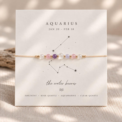 Aquarius Zodiac Bracelet | Natural Gemstone Astrology Bracelet | Amethyst Rose Quartz Aquamarine Clear Quartz | January February Birthday