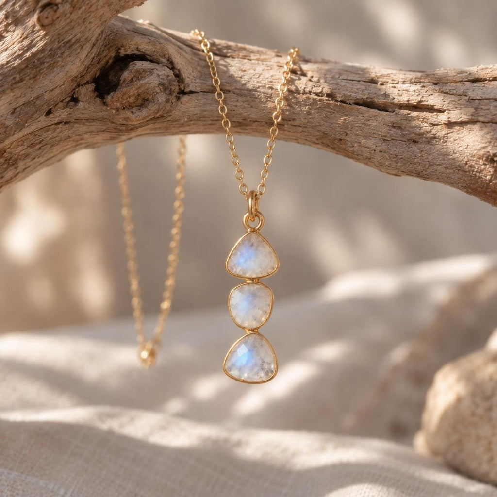 Natural Moonstone Necklace | Triple Moonstone Pendant | Gold or Sterling Silver Gemstone Necklace | June Birthstone Jewelry