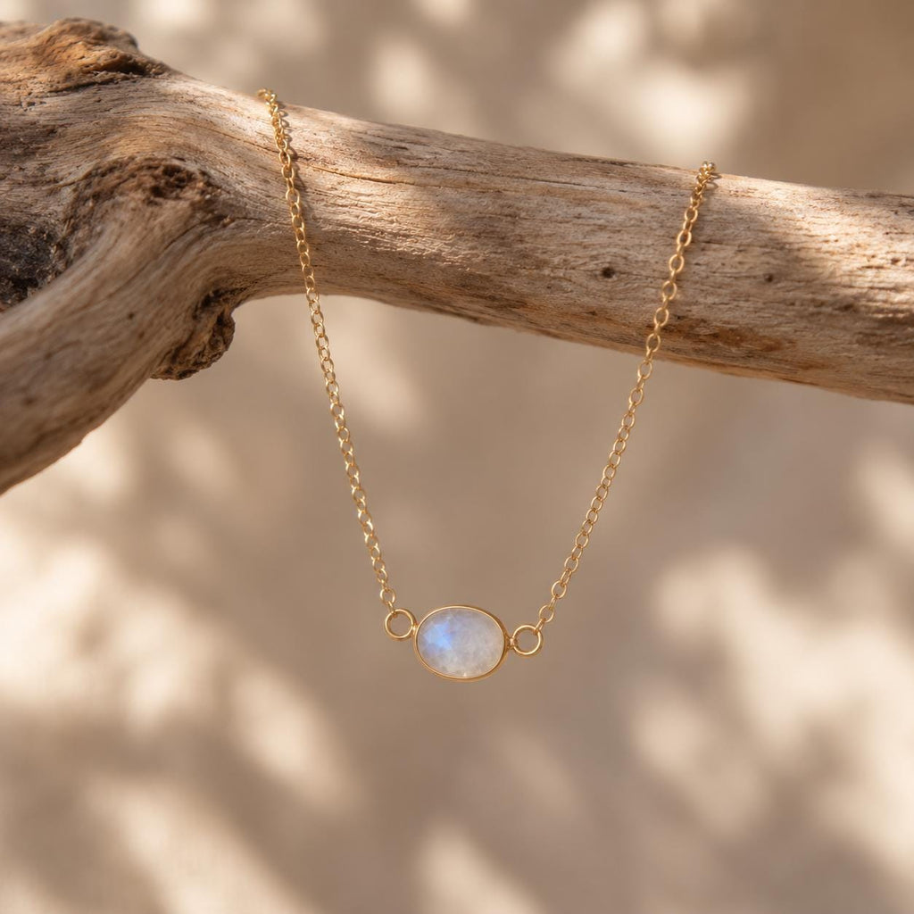 Natural Moonstone Necklace | Dainty June Birthstone Necklace | 8x10mm Moonstone Pendant | Gold Gemstone Necklace