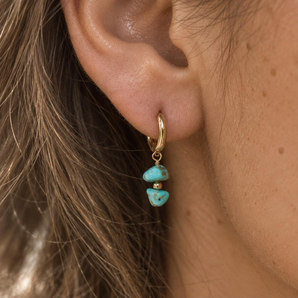 Turquoise Huggie Earrings | Natural Gemstone Gold Hoops | Dainty Turquoise Drop Earrings | Minimalist Gemstone Jewelry