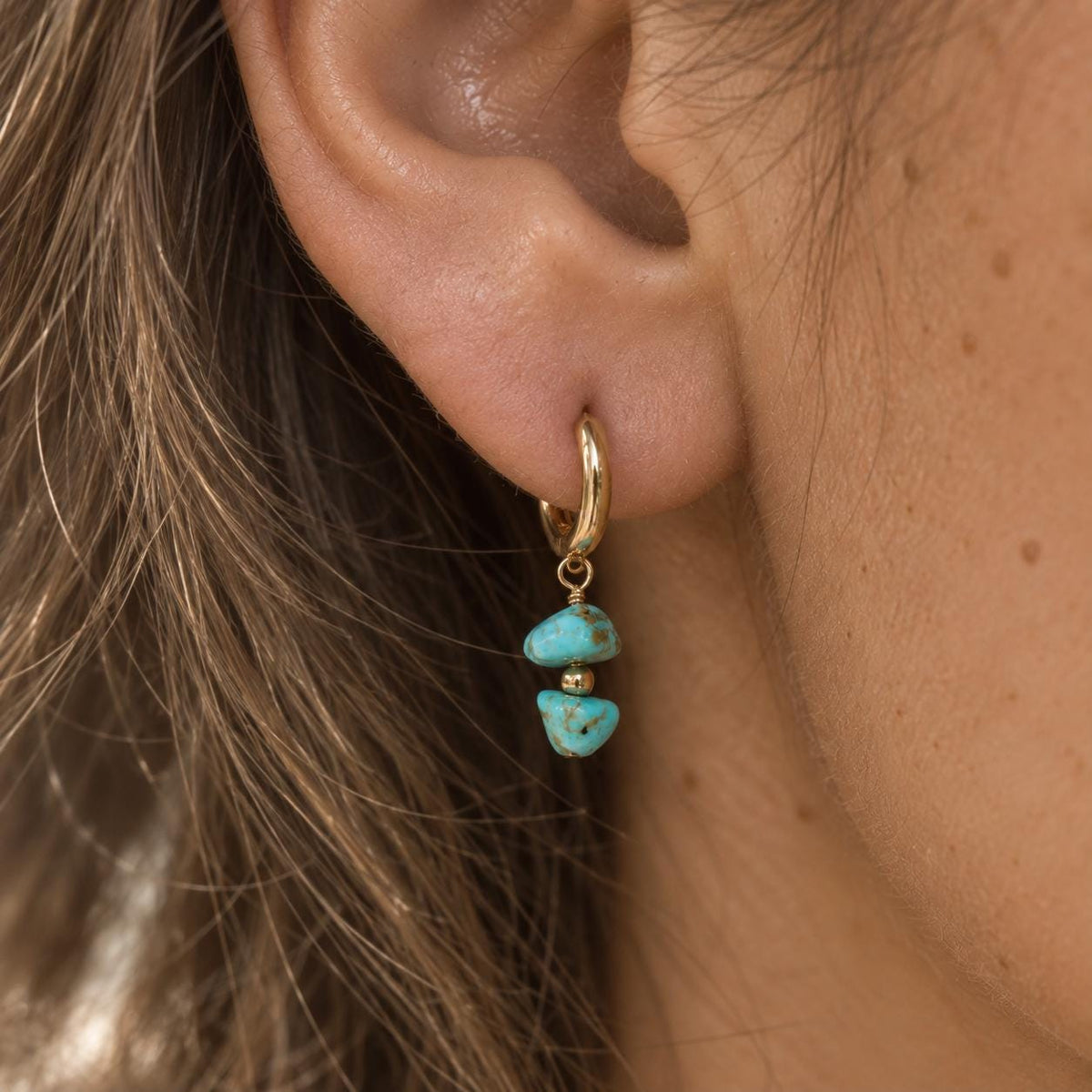 Turquoise Huggie Earrings | Natural Gemstone Gold Hoops | Dainty Turquoise Drop Earrings | Minimalist Gemstone Jewelry
