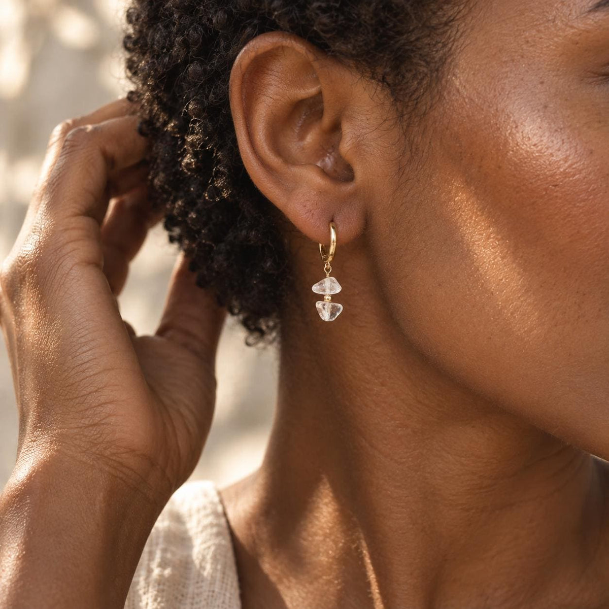 Clear Quartz Huggie Earrings | Natural Crystal Gold Hoops | Dainty Gemstone Earrings | Minimalist Crystal Jewelry
