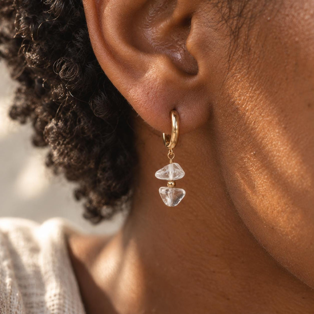 Clear Quartz Huggie Earrings | Natural Crystal Gold Hoops | Dainty Gemstone Earrings | Minimalist Crystal Jewelry