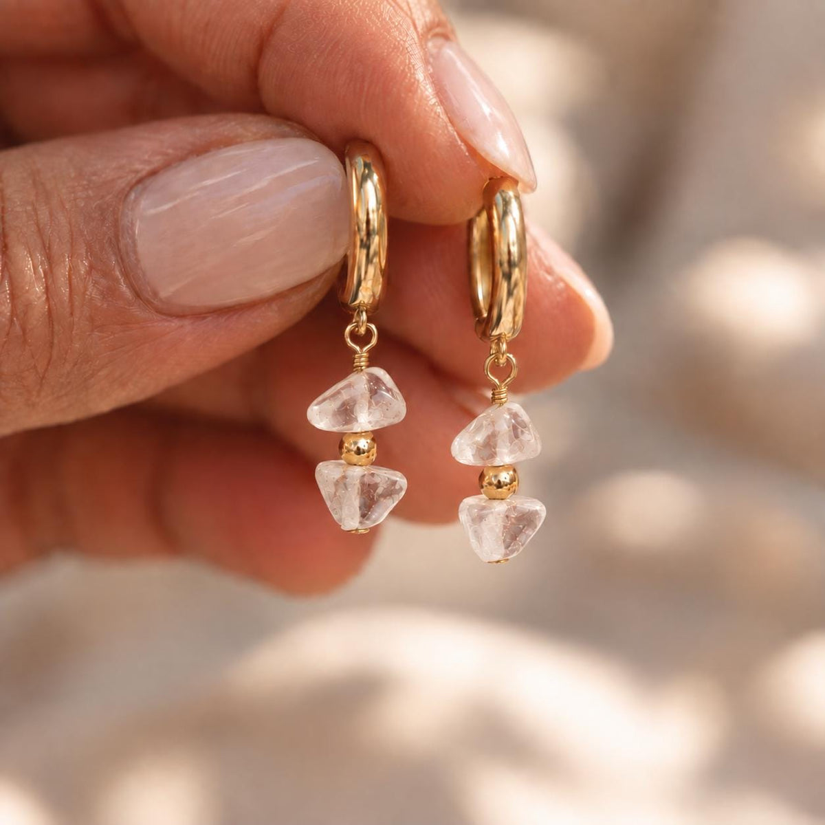 Clear Quartz Huggie Earrings | Natural Crystal Gold Hoops | Dainty Gemstone Earrings | Minimalist Crystal Jewelry