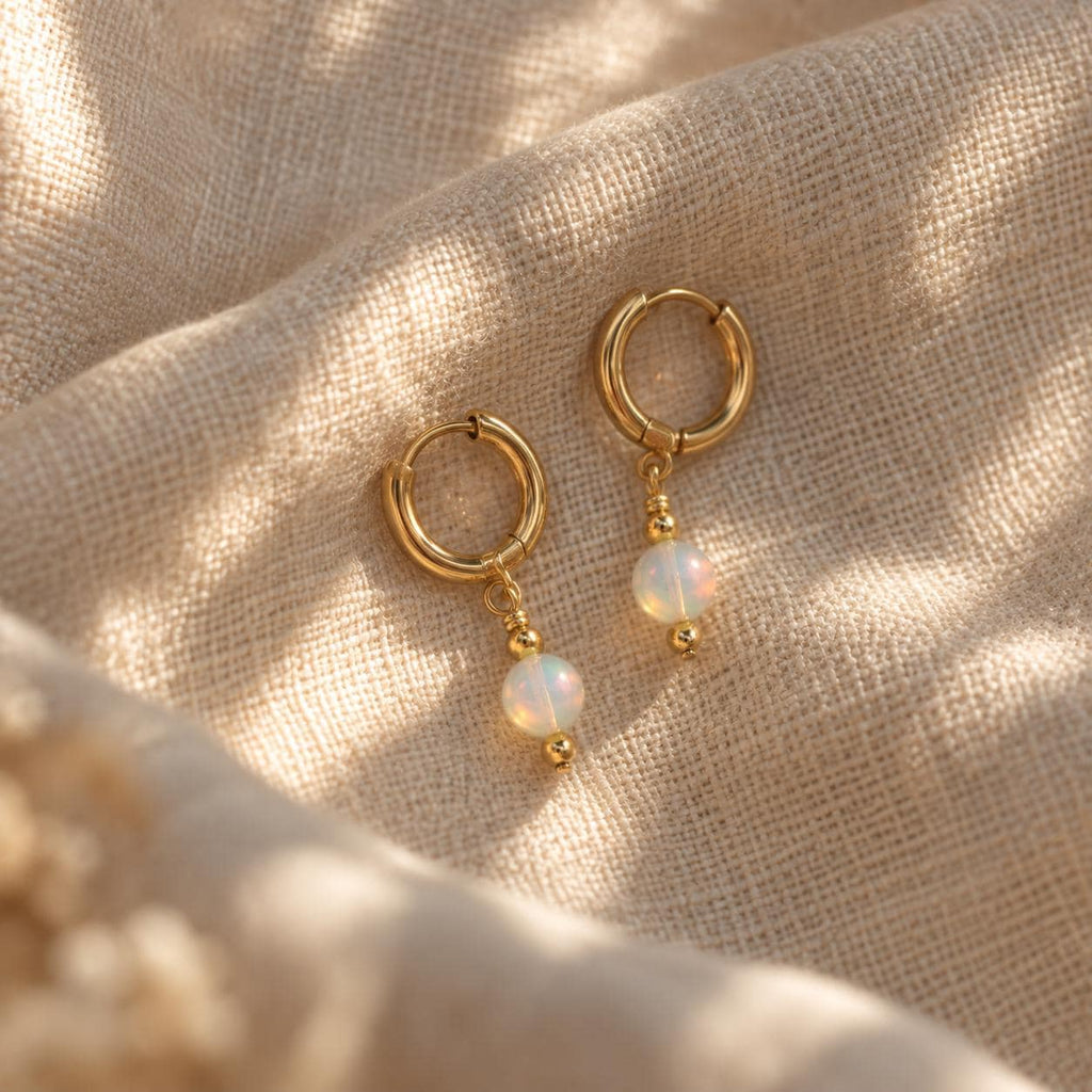 Genuine Natural Opal Huggie Earrings | Ethiopian Opal Gold Hoops | Dainty Opal Drop Earrings | October Birthstone Jewelry